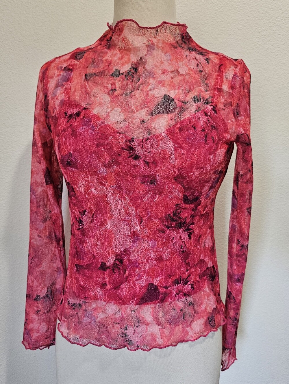 BCX Pink Floral Mesh Long Sleeve Top